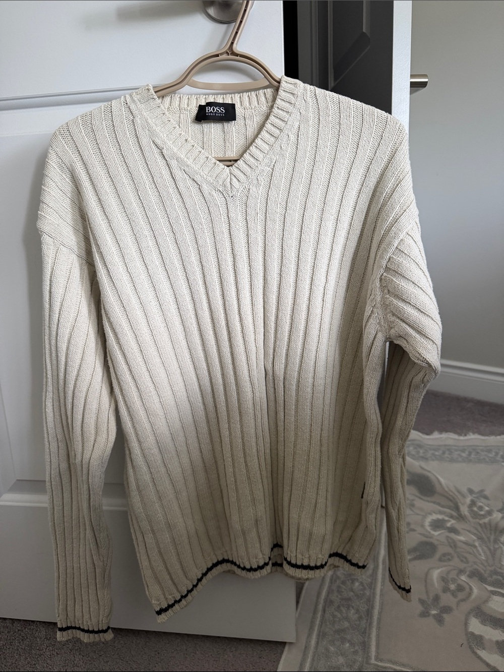 Ribbed V-Neck Sweater in Cream with Black Trim